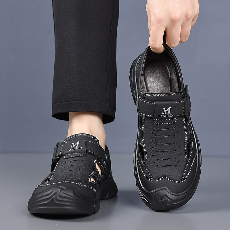 Dép sandal nam mùa hè đế mềm thân mềm thoáng khí khoét lỗ khóa dán — Màu nâu, màu đen