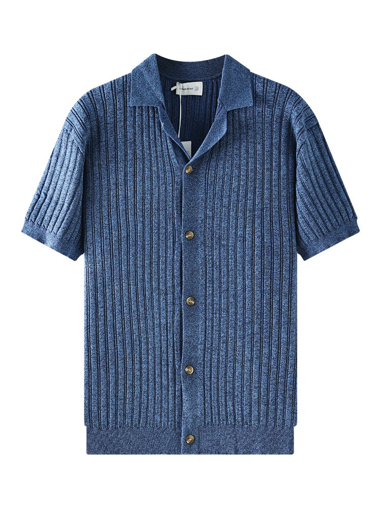 El estilo antiguo de la ventana de los hombres con solapa de seda de hielo polo de punto cardigan ligero de lujo texturas relajadas ropa de hombre casual camisa de manga corta hombre