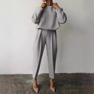 Autumn and Winter Cross-border European and American Women's Clothing Amazon Loose Solid Color Long Sleeve Casual Two-piece Suit