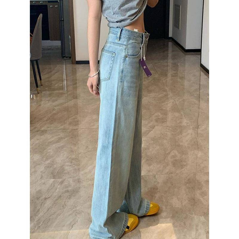 冰蓝色不贴腿微喇牛仔裤女2025夏季新款美式低腰显瘦浅色拖地裤子|undefined