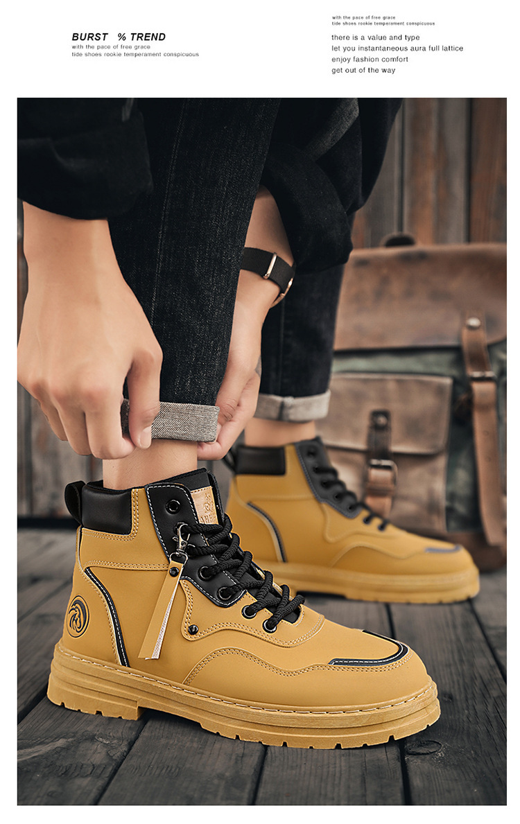 Autumn men's shoes High top British style work big yellow boots men's all-in-one platform ankle boots_voghion.com