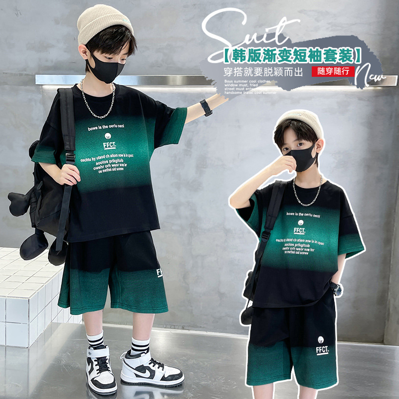 Boys' Summer Outfit 2026 Model Children's Short-Sleeve T-Shirt and Shorts Trendy Stylish Cool Two-Piece Set for Older Kids