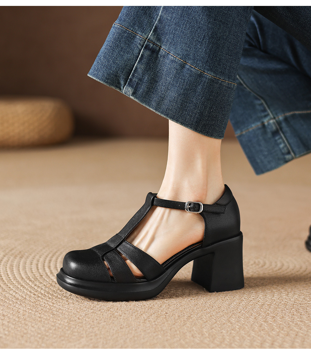Sandal nữ cao gót phong cách La Mã, mũi kín gót kín, đế dày da bò, gót 7 cm — đen chi tiết 15