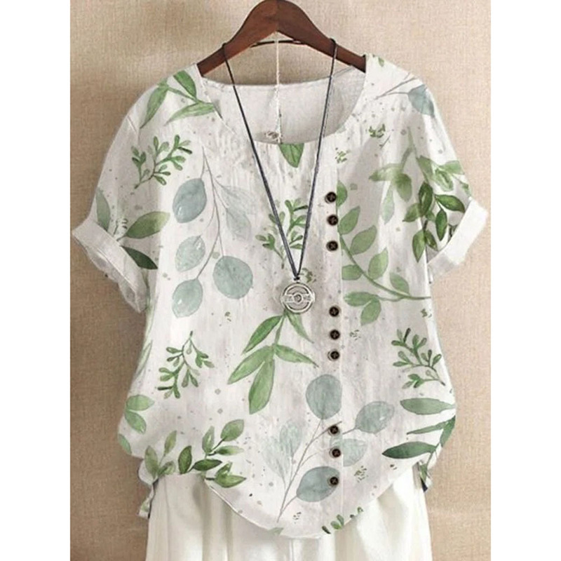 2023 Summer Amazon AliExpress Vintage Cotton and Linen Fashion Printed Loose Casual Shirt Short-sleeved T-shirt for Women