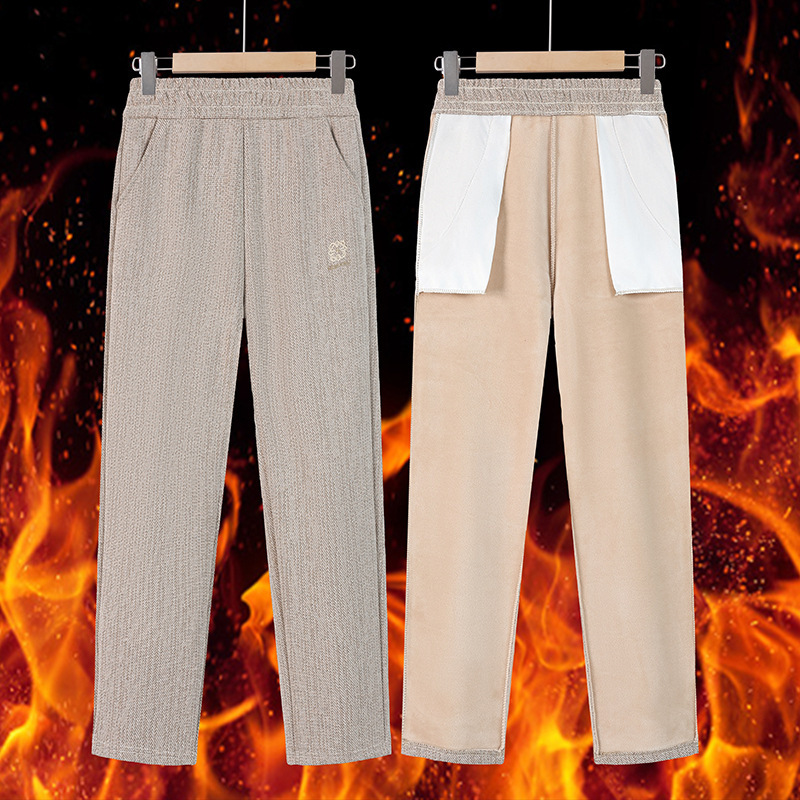 Mid-aged and elderly women's fleece-lined long pants, elastic waist casual pants, winter women's straight-leg pants, warm high-waisted slim-fit pants Mid-aged and elderly women's fleece-lined long pants, elastic waist casual pants, winter women's straight-leg pants, warm high-waisted slim-fit pants