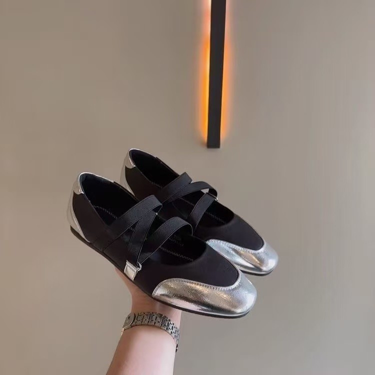 2026 primavera y otoño nuevos zapatos de ballet superficiales Marizhen elásticos zapatos de suela suave plateados zapatos de cabeza cuadrada zapatos de suela plana para mujeres