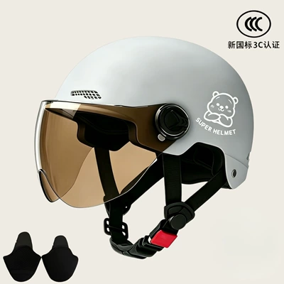 New national standard 3C certification electric — Motosiklet kaskı (dəbilqə) - 02-gray-brown-short-glasses-silver-white-bear-ear-protection