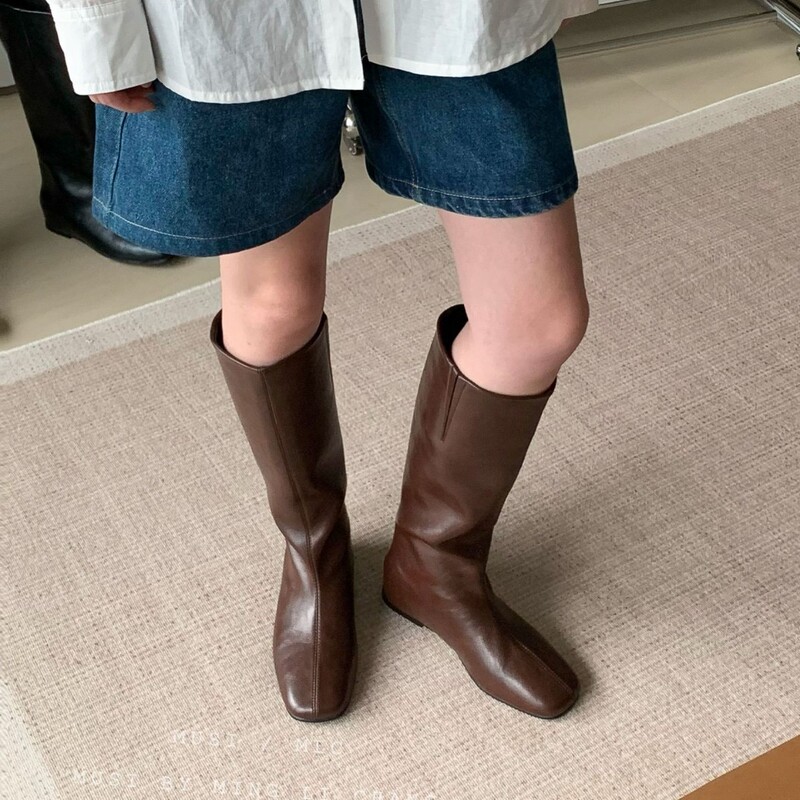 内增高骑士靴女高筒长靴子秋冬新款真皮二层牛皮方头中跟不过膝靴|undefined