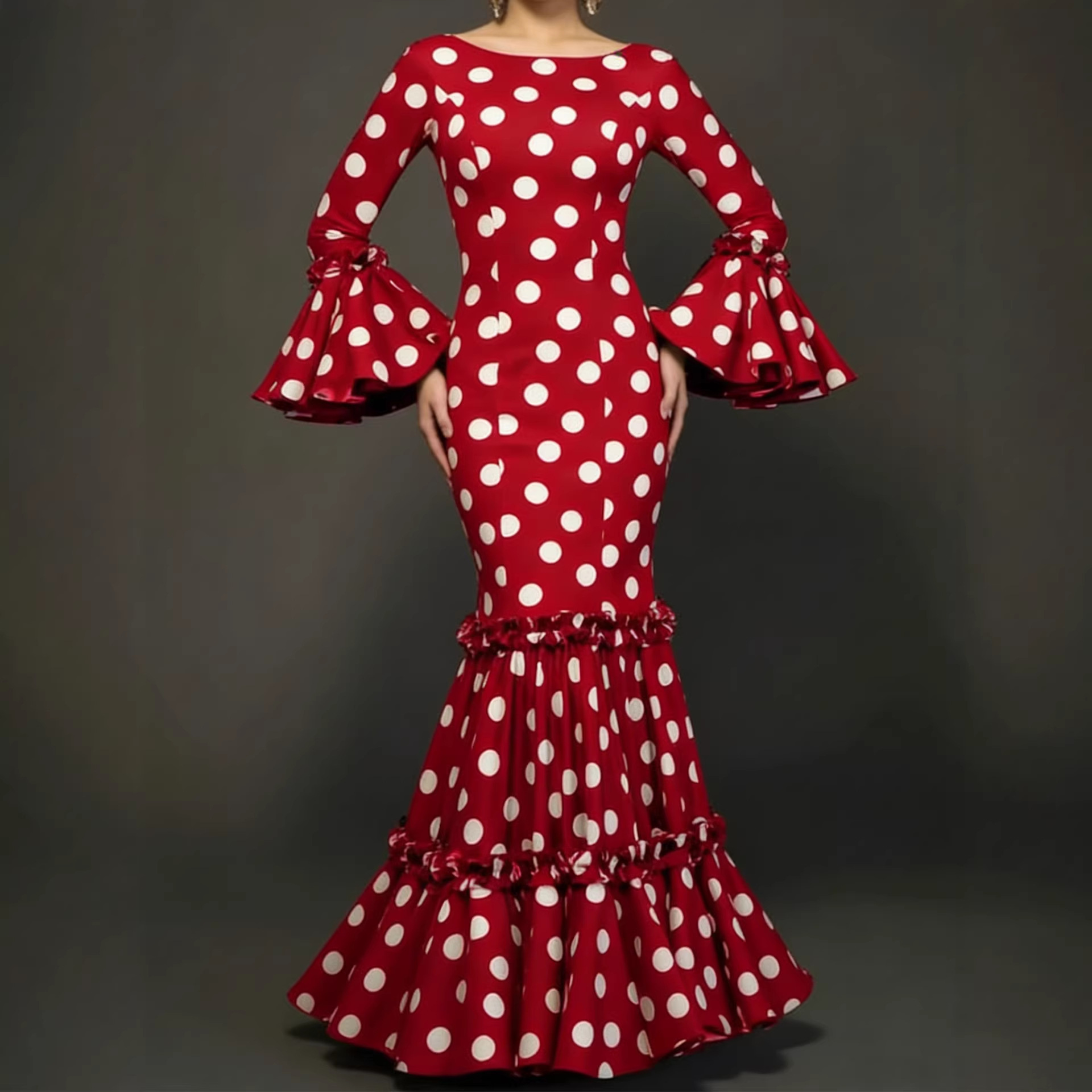 Foreign Trade Amazon New European and American Fashion Polka Dot Flared Long-Sleeve Slim Fit Bodycon Fishtail Dress for Women