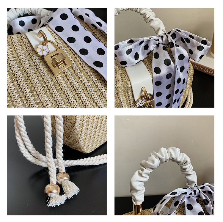 Synthetic Leather Lining Material Women's Medium Straw Solid Color Vacation Beach Ribbon Weave Lock Clasp Straw Bag