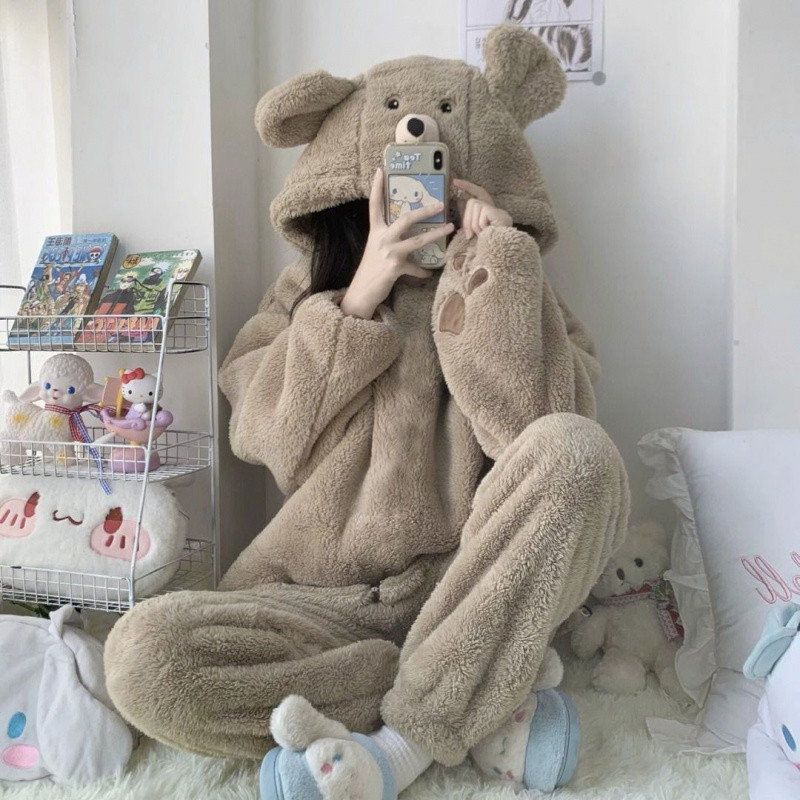(2개) INS 귀여운 곰 보물 산호 양털 잠옷 여성의 겨울 기모 두꺼운 따뜻한 플란넬 한국식 홈웨어 세트