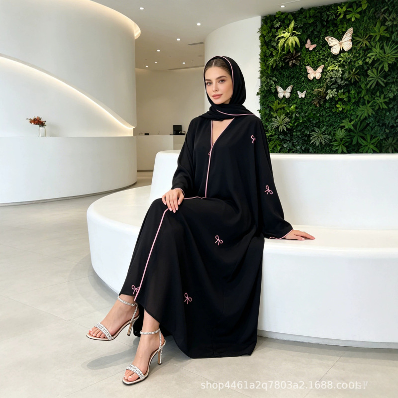 Bowknot Embroidered Long-Sleeved Dress, Cross-Border Cardigan, Elegant Embroidered Long Dress, Headscarf, Women's Clothing
