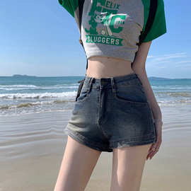 美式复古做旧高腰牛仔短裤女2023夏季新款辣妹修身显瘦百搭热裤潮