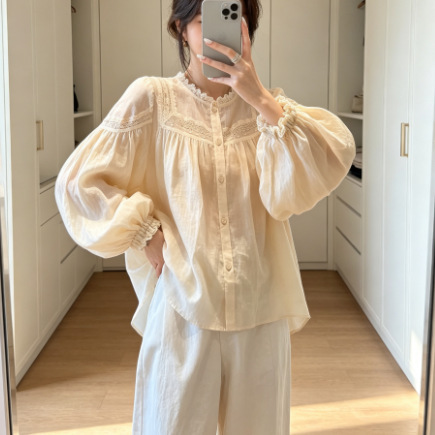 In stock ramie heavy-duty accordion pleated lace spliced sunscreen long-sleeve shirt casual court-style top
