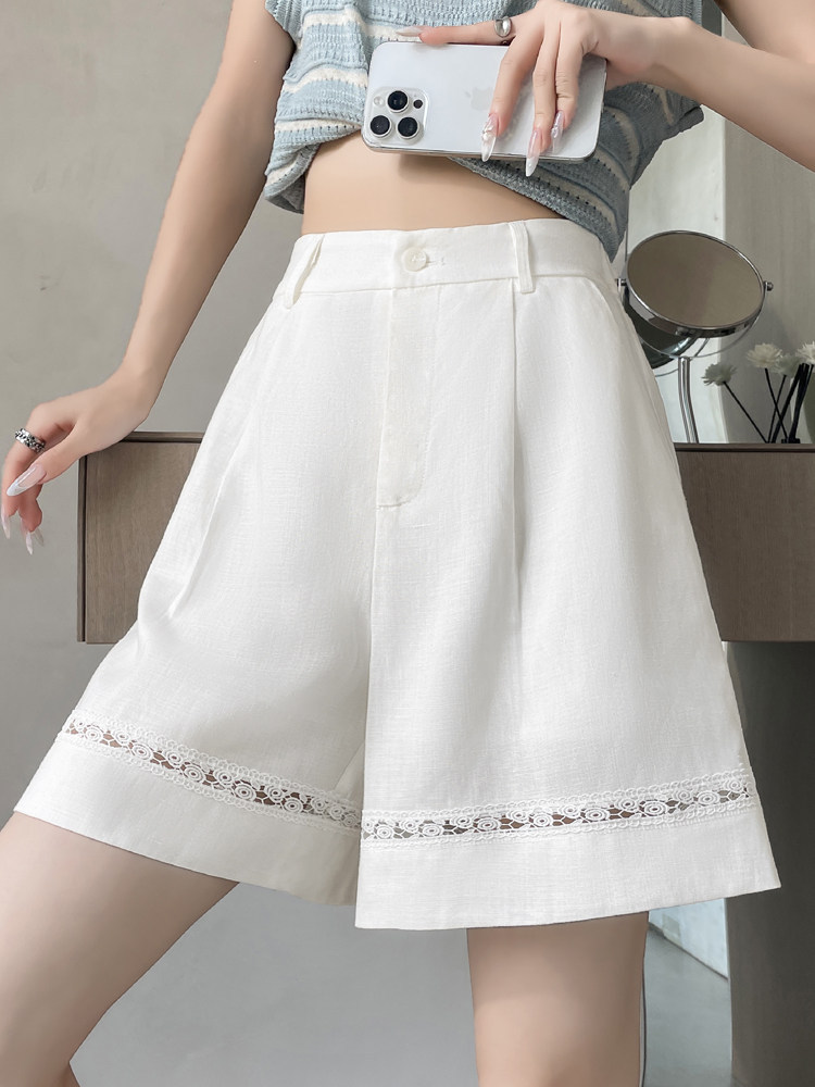 Quần short vải lanh nữ cạp cao ống rộng dáng chữ A — Xanh lông mòng đen