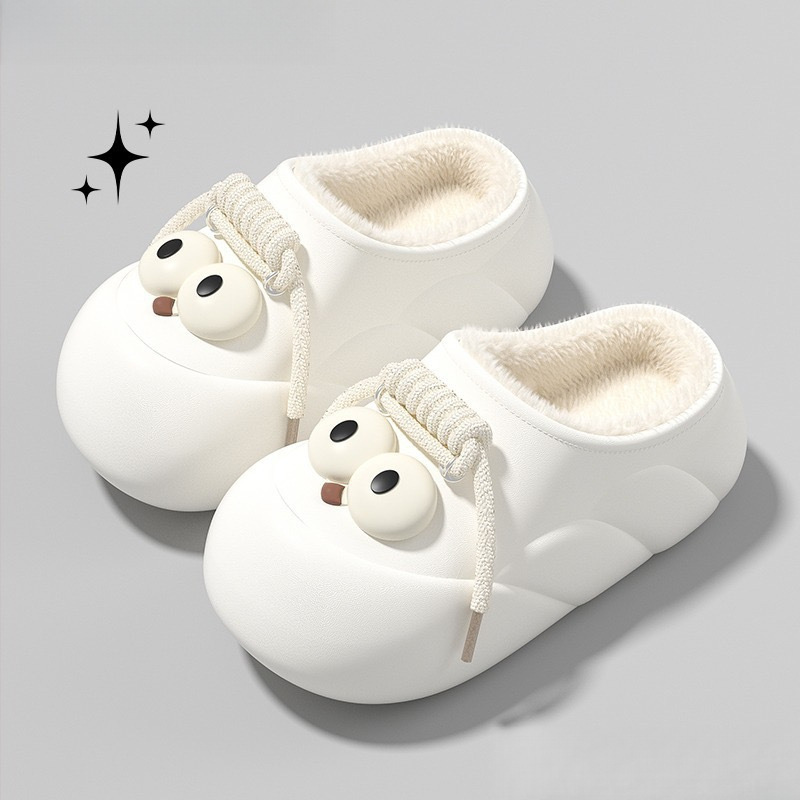 Cartoon Big-Eyed Cotton Slippers for Women, Autumn and Winter Indoor Non-Slip Warm Fleece-Lined Fully Waterproof Outdoor Cotton Shoes