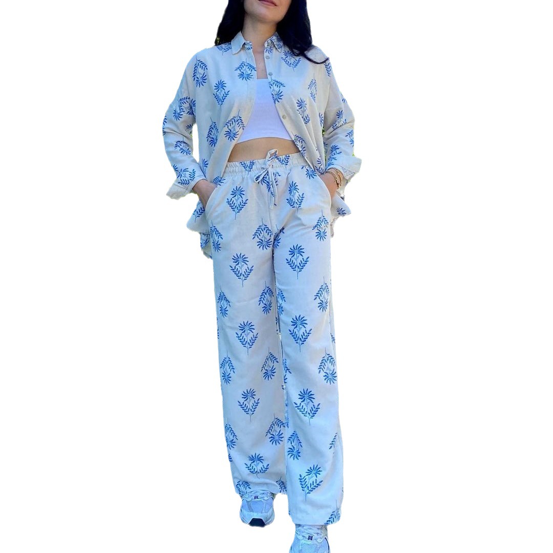 Women's Linen-Blend Lounge Set, Long Sleeve Shirt And High-Waisted Tie-Waist Wide-Leg Pants, Comfortable Two-Piece Outfit For Casual Wear_ecoleips.com
