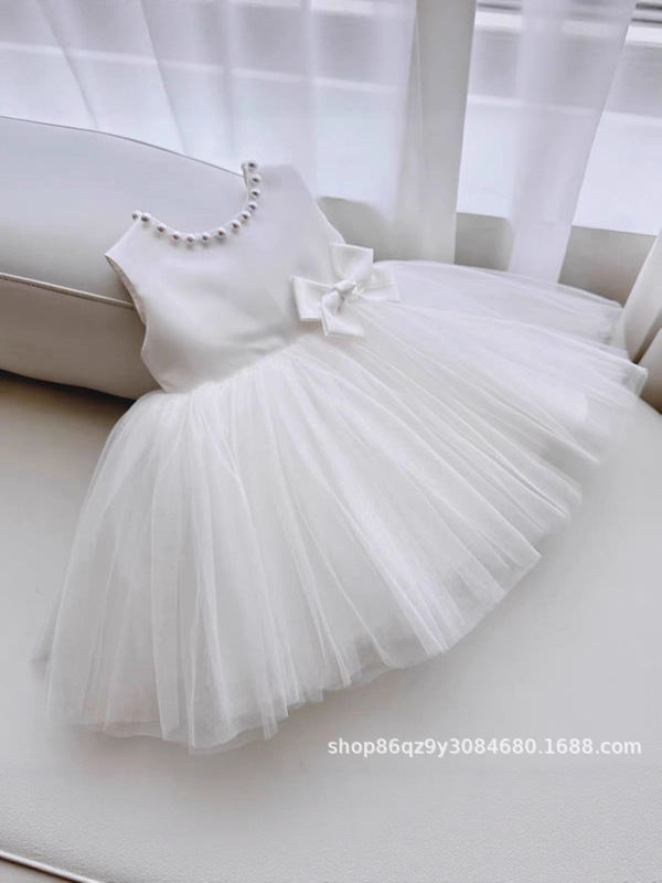 White one-year-old birthday dress with bow and tulle princess dress, first communion dress for girls, 100-day celebration dress, birthday dress