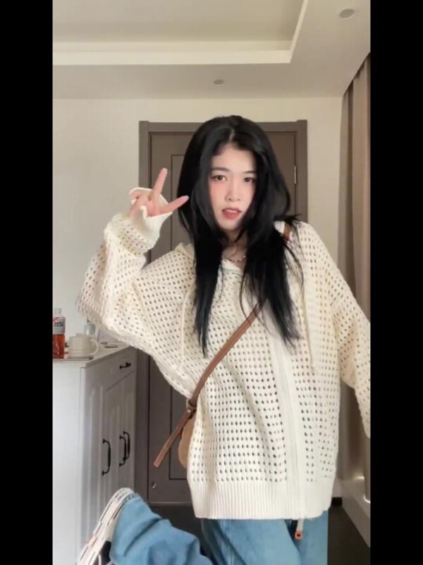 开衫上衣女镂空针织衫设计感连帽宽松外搭薄款外套韩版早秋季拉链|undefined