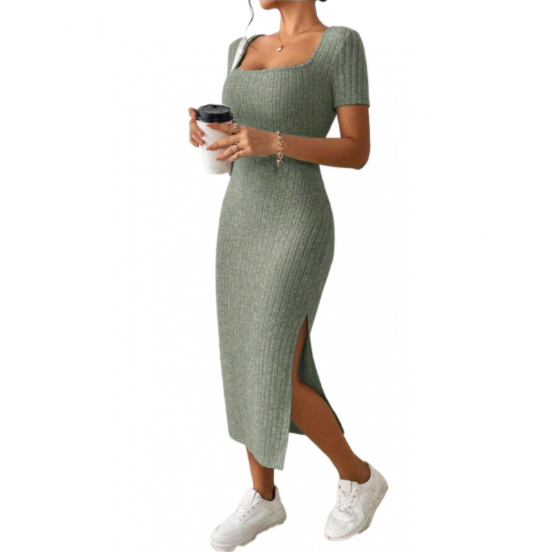 Women's Square Neck Slim Fit Bodycon Dress Sexy Slit European American Style Soft Summer Fashion Dress_ecoleips.com