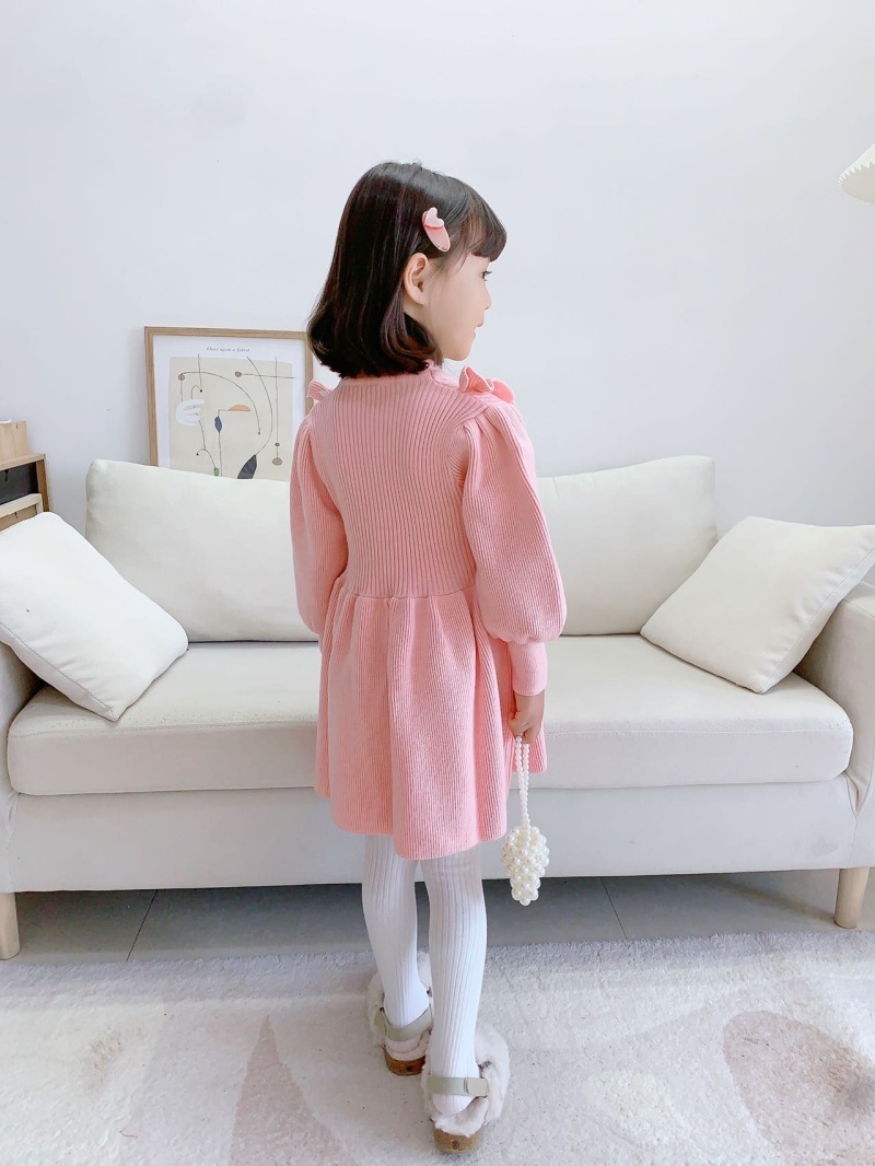 Girls Knitted Dress Autumn Winter Solid Colour Long Sleeve Style_voghion.com