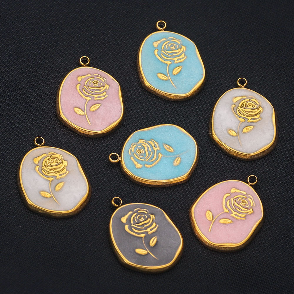 5 PCS/Package 304 Stainless Steel Natural Stone Gold Plated Flower Pendant display picture 6