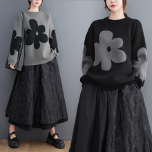 2025秋冬大码女装韩版文艺花朵针织衫宽松显瘦毛衣