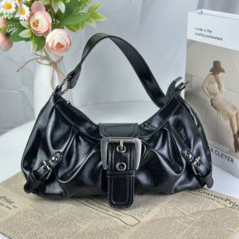 2025 Cross-Border Popular Retro Style Y2K Lazy Style Distressed Two-Tone Leather Shoulder Bag