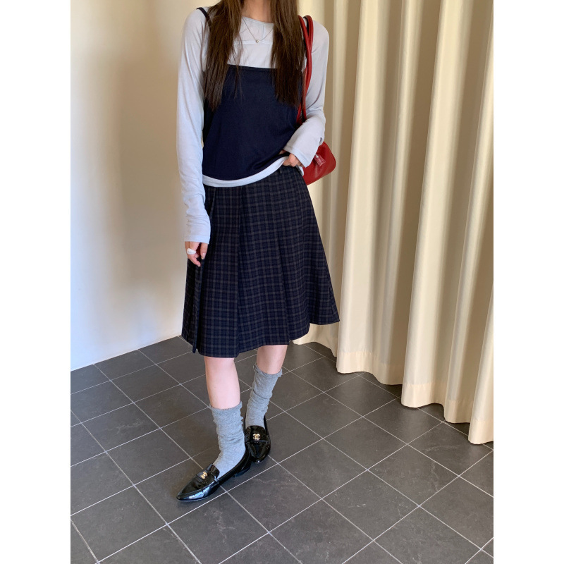 糖糖~格子百褶中裙女2025秋冬季新款松紧腰显瘦百搭休闲A字中裙|undefined