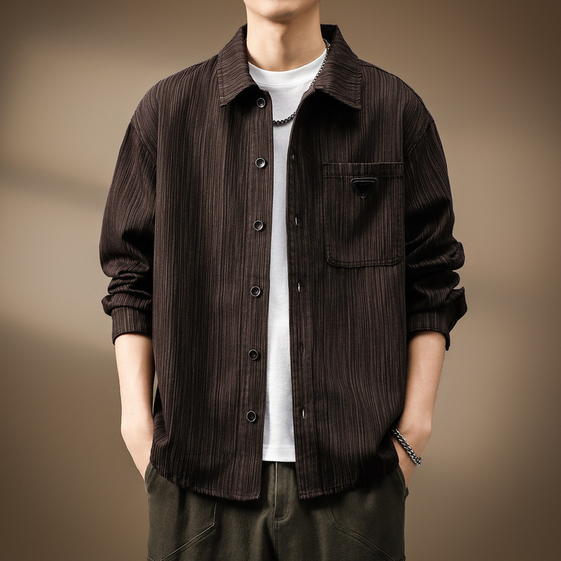 High-end Bamboo Texture Long-sleeved Shirt Jacket Men's Autumn Loose Japanese Vintage Top Tooling Shirt Men's