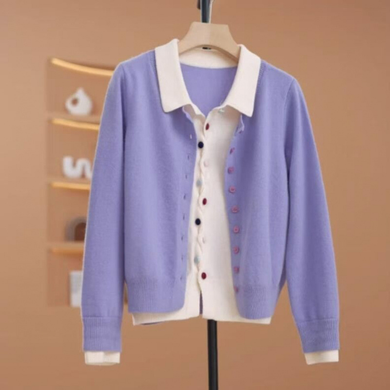 2025 primavera y otoño nuevas damas falsas dos piezas de camisa de punto cardigan de color botón solapa interior con suéter suelto