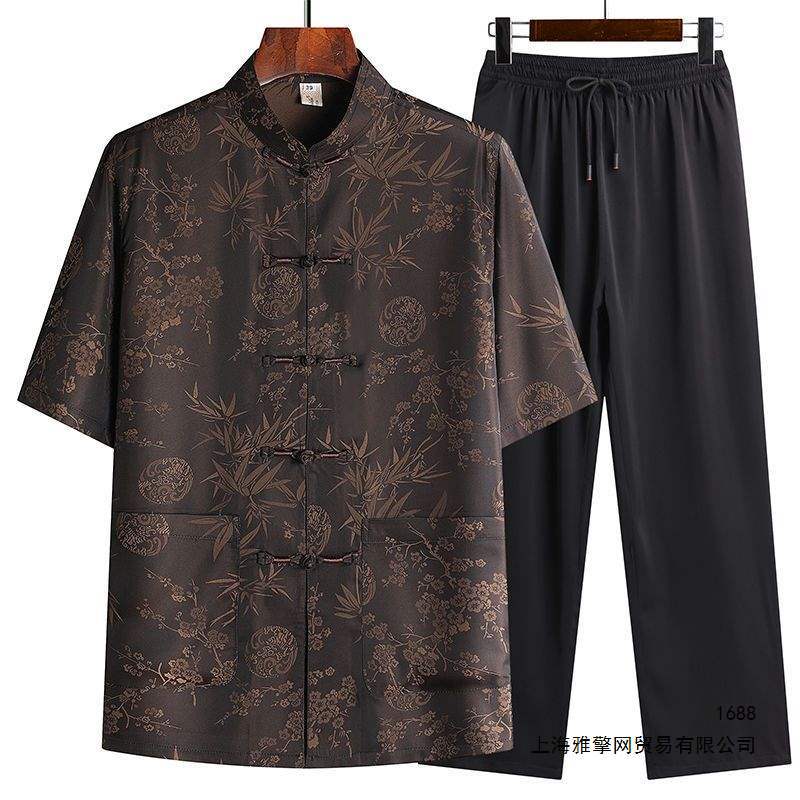 Summer Chinese style men's Tang suit thin ice silk suit for middle-aged and elderly men, short-sleeved, suitable for fathers, elderly people, birthdays, and grandfathers.