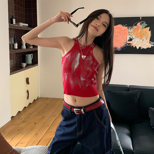 MMFISH24 new summer fashion high street style slim fit old faded vest tie dye wasteland old suspender T156