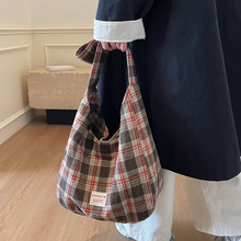 秋冬格子大容量单肩包2025女士通勤毛毛韩国休闲托特包