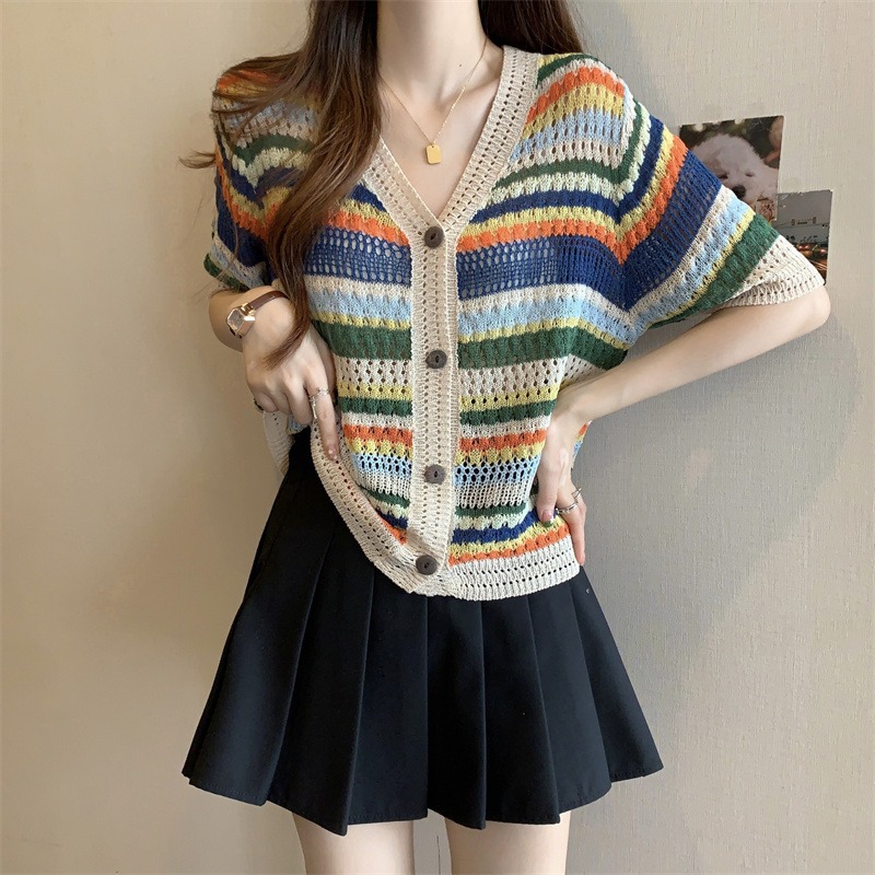 Thin knitwear rainbow striped V-neck short-sleeved T-shirt women's summer plus size chubby girl Western style age-reducing loose slimming top