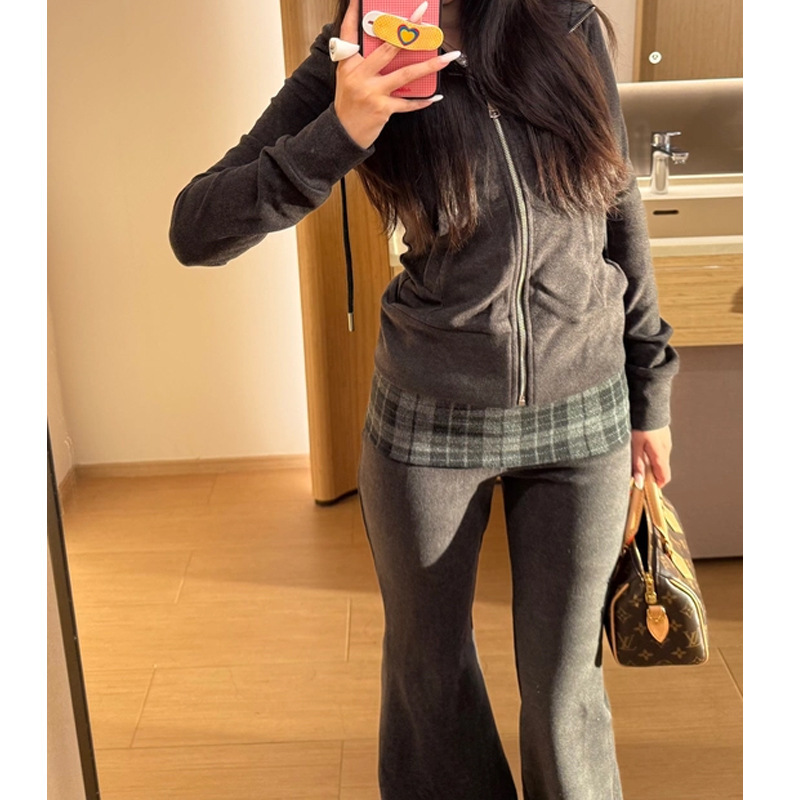 JUEMEI丨美式格纹连帽开衫卫衣拼接高腰宽松百搭卫裤阔腿裤两件套|undefined
