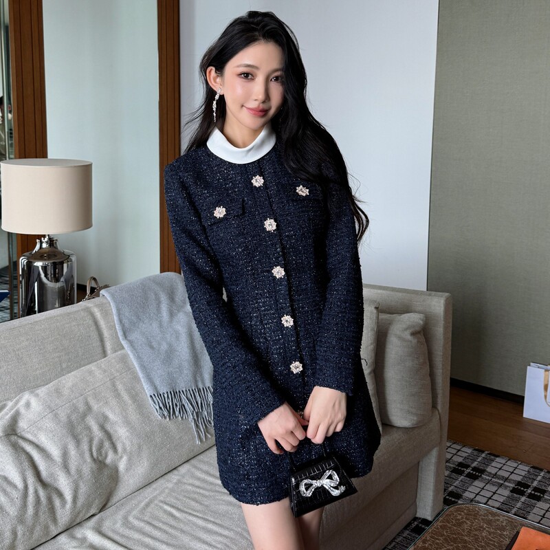 2026 Autumn/Winter New Style Dark Blue Tweed Elegant Commuter Ol Dress with Small Stand Collar and Color-Block Design
