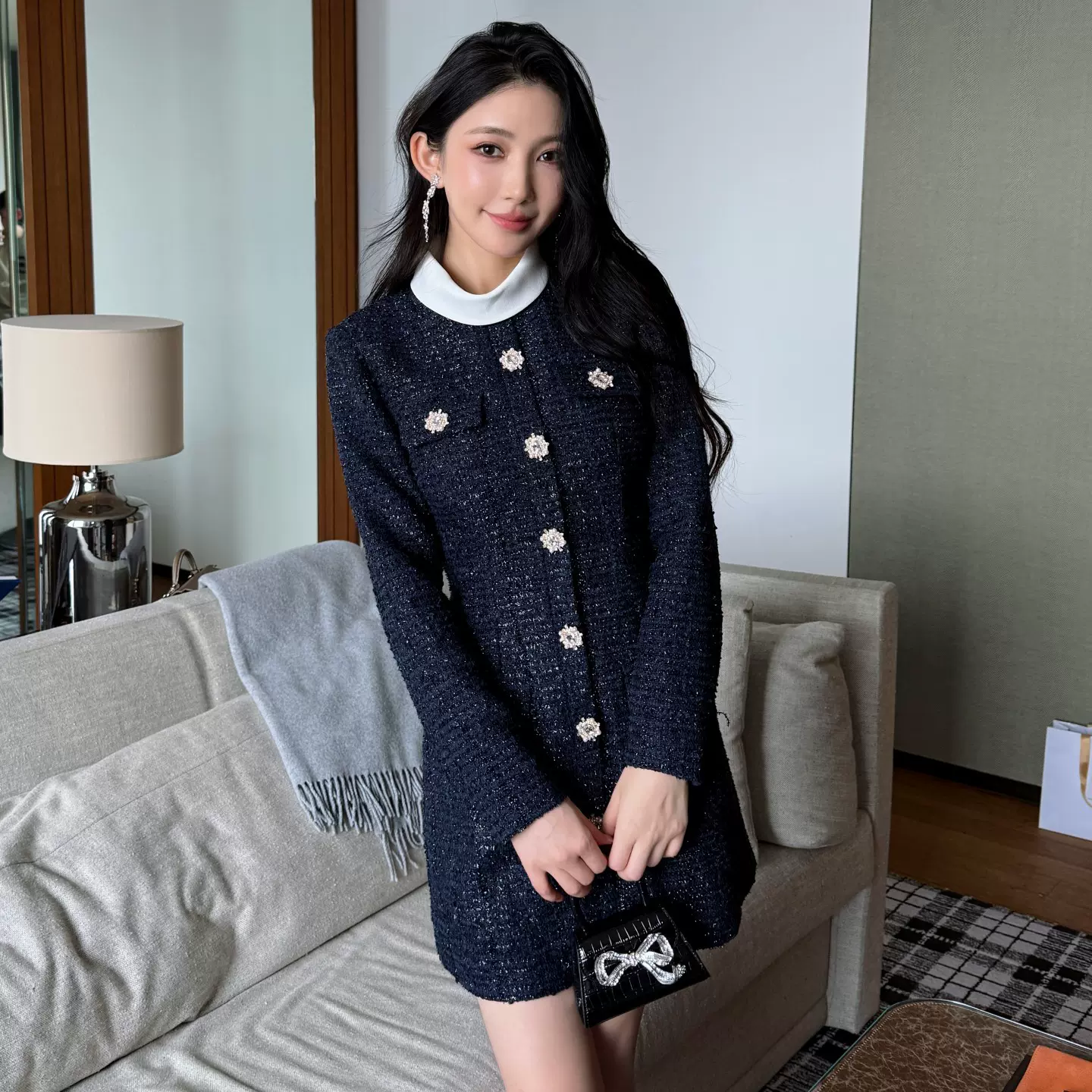 2025秋冬新款藏蓝色粗花呢千金风通勤OL气质连衣裙小立领撞色洋装