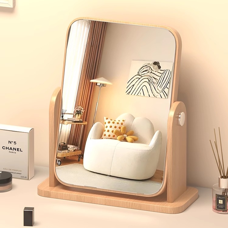 日本无印镜子化妆镜台式桌面木质旋转镜学生宿舍卧室家用梳妆镜