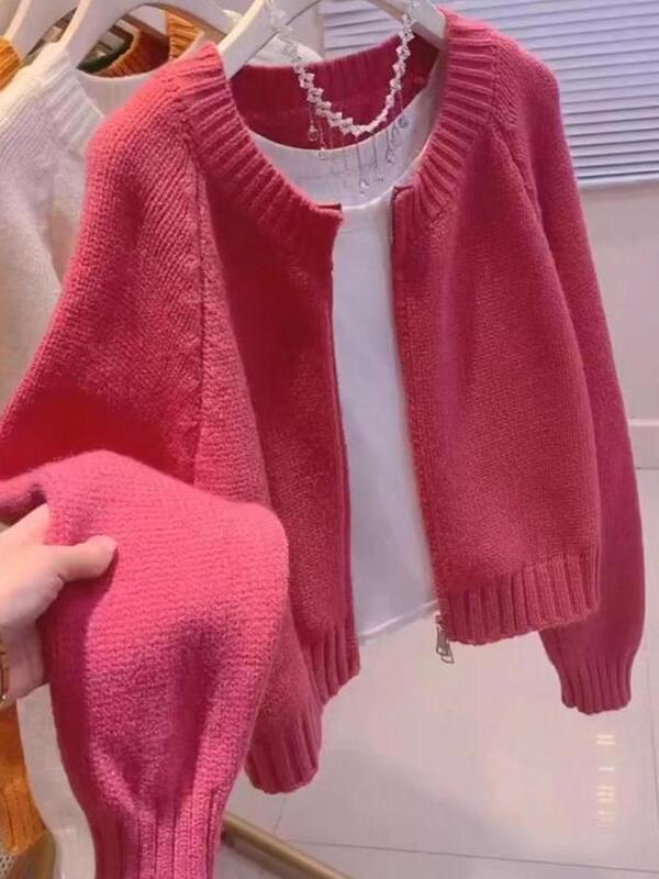 Knitted Cardigan for Women 2025 New Style Beautiful Loose Jacket Cardigan Year Raspberry Zipper Sweater Nice Red Zipper