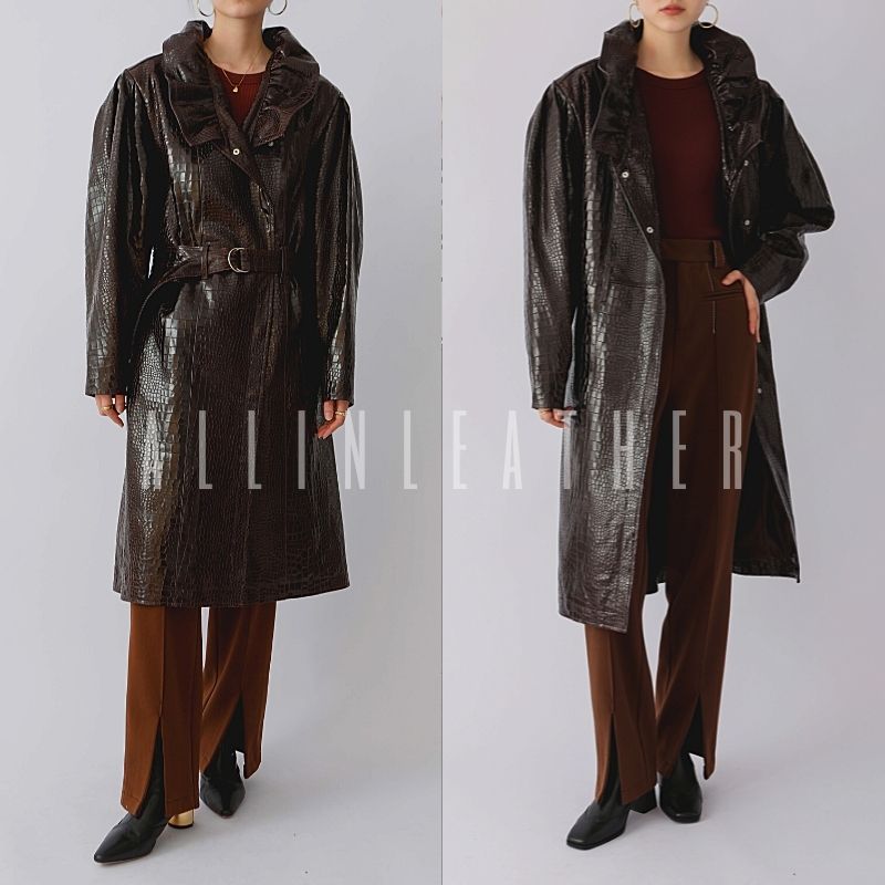 leather clothing Crocodile print Sheepskin Easy neutral 2022 New winter oversize belt Original Windbreaker coat