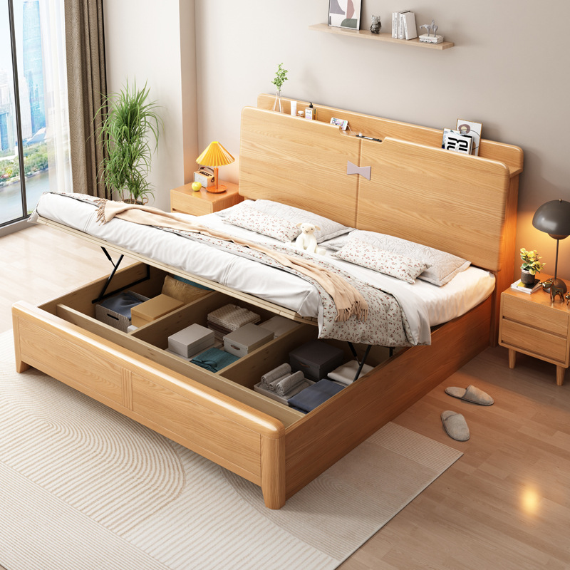 白蠟木北歐全實木床現代簡約主臥室雙人床單人床小戶型落地儲物床