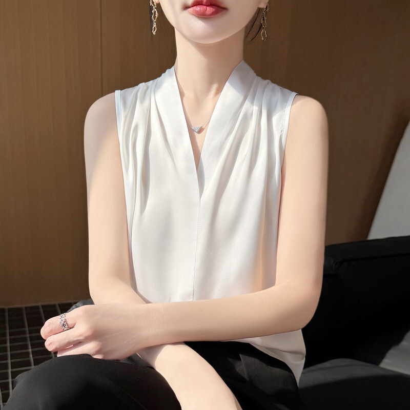 French-Style White Satin Blouse, Silk V-Neck Top, Sleeveless Vest, Chiffon Shirt, Layered with a Silk White Shirt French-Style White Satin Blouse, Silk V-Neck Top, Sleeveless Vest, Chiffon Shirt, Layered with a Silk White Shirt