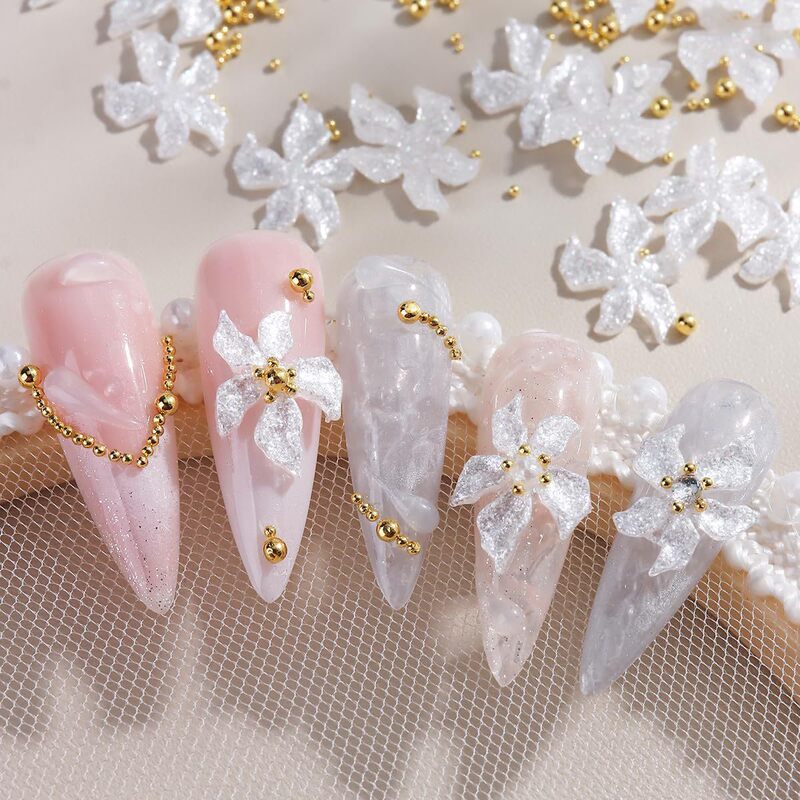 Popular Pearlescent White Five-Petal Flower Nail Art Decorations, Three-Dimensional Resin Small Flowers, Light Luxury Style Nail Decoration Accessories Wholesale