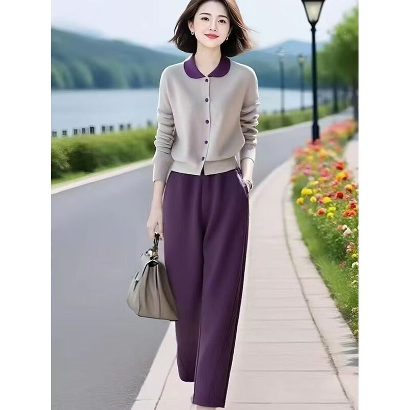 Stylish and Elegant Autumn Mom Outfit, New Large Size Cardigan with Elastic Waist, Comfortable Casual Pants Two-Piece Set