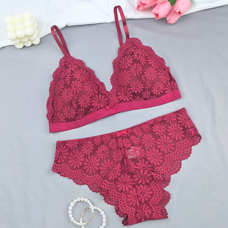 Bra de estilo francés conjunto de encaje femenino se reúne de alta calidad sin anillo de acero hermosa espalda delgada ropa interior de tamaño grande transfronteriza