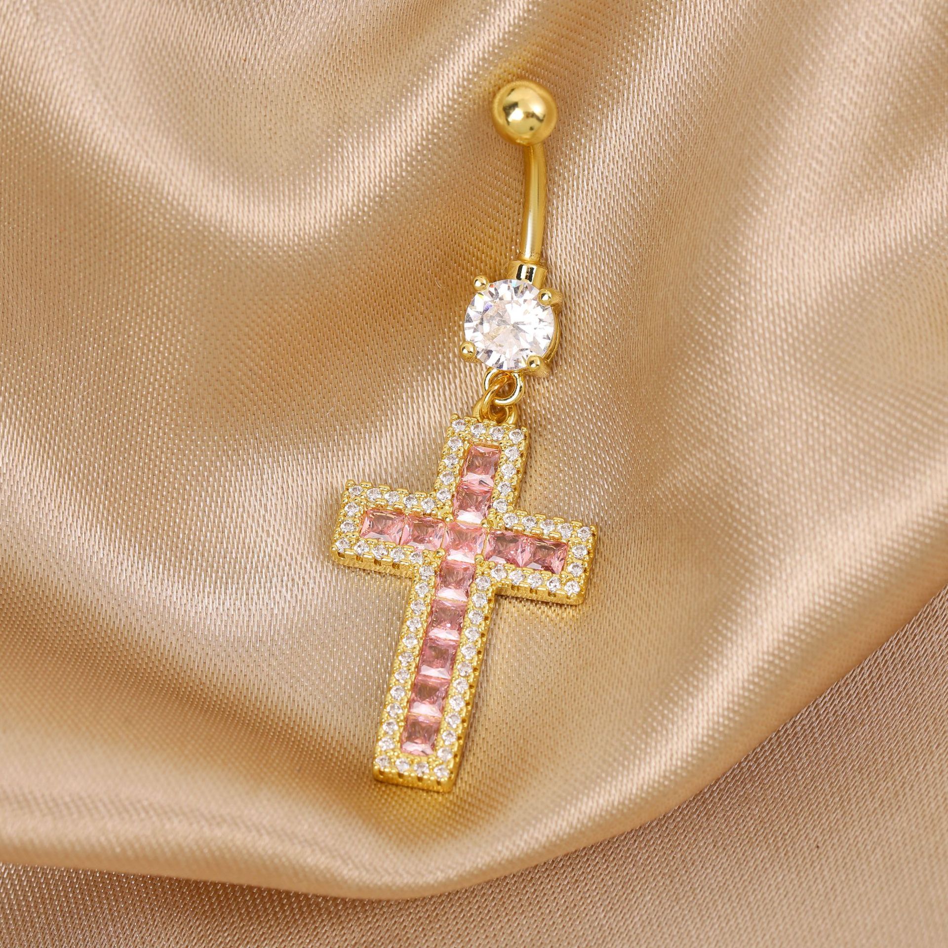 Piercing per ombelico personalizzato con anello a croce tempestato di diamanti, in rame rosa e zircone, gioiello con diamanti_voghion.com