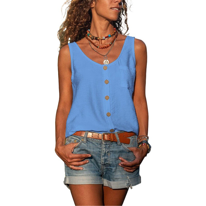 Amazon 2021 verano nuevo deseo de las mujeres de color sólido con cuello en V botón chaleco Camisa sin mangas bolsillo camisa Mujer