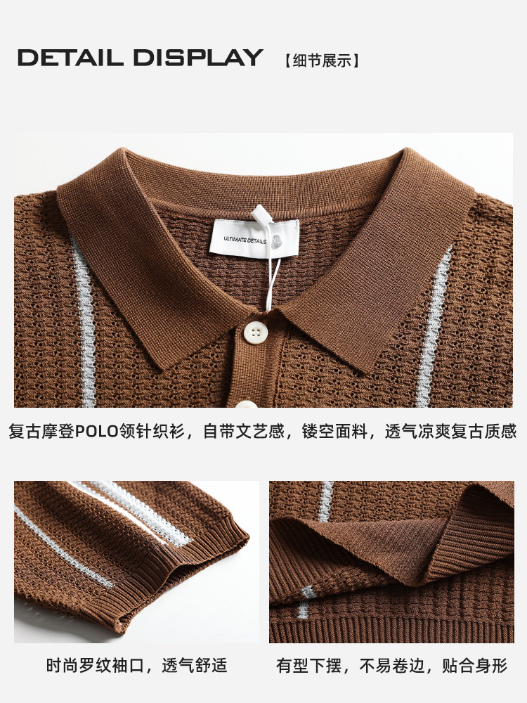 Vintage americano para hombres con rayas contrastantes de punto polo de hielo para hombres lujo ligero camiseta de lujo de alto nivel para hombres