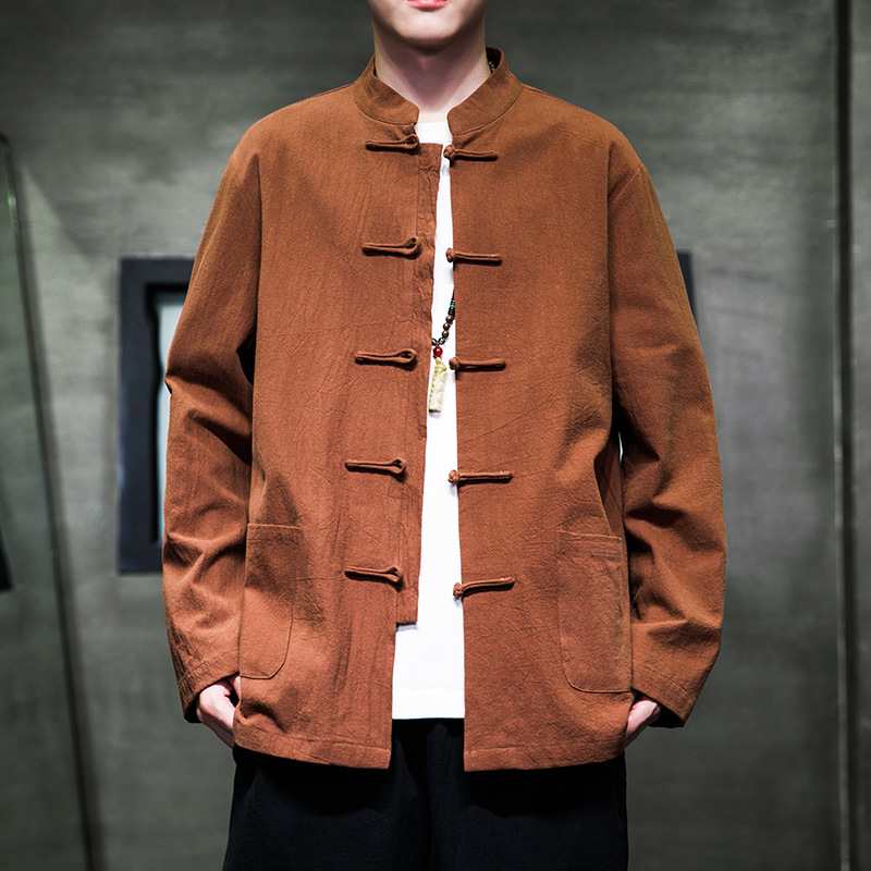 Chinese men's linen buckle Tang suit men's long-sleeved shirt Chinese style plus size youth Chinese-style cotton and linen coat